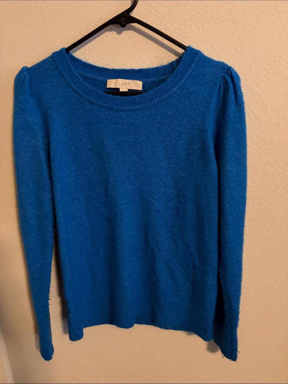LOFT Blue Crewneck Sweater with Subtle Puff Shoulders